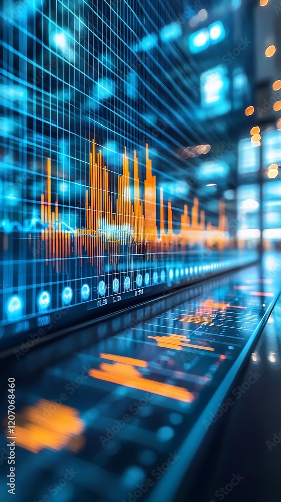 Poster abstract financial data visualization on screen.