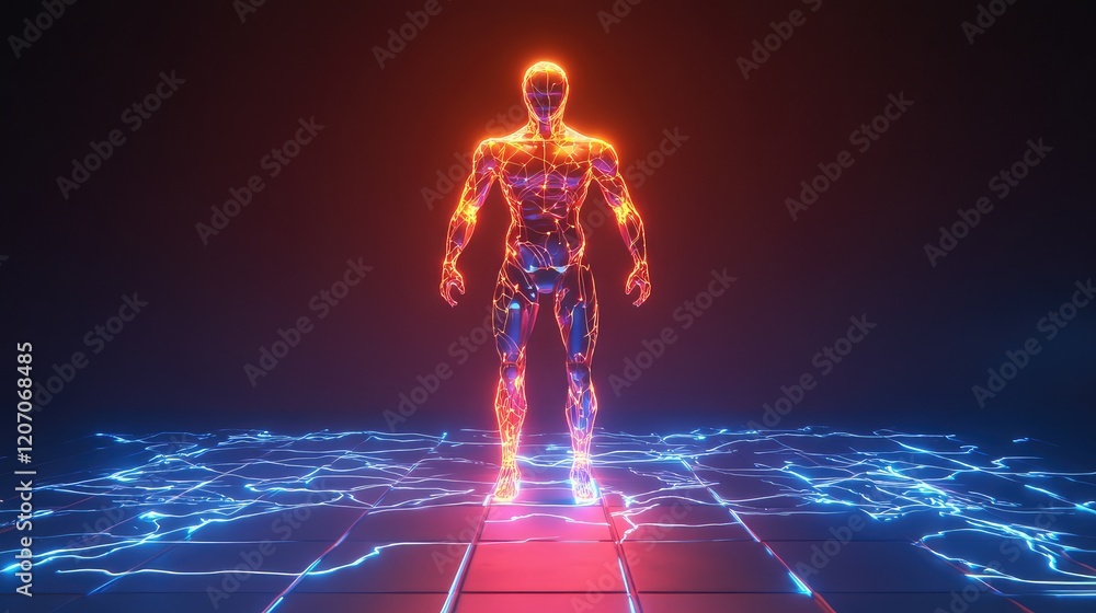 Poster futuristic humanoid robot glowing with energy patterns, surrounded by soft gradients and digital eff