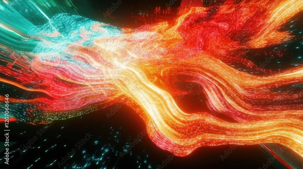 Poster futuristic visualization of glowing nodes, dynamic digital patterns, and holographic technology elem