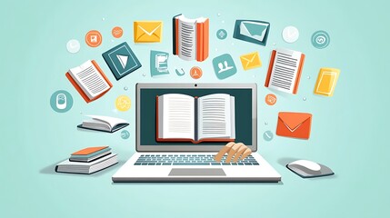 A person using a laptop computer with the digital icons hologram