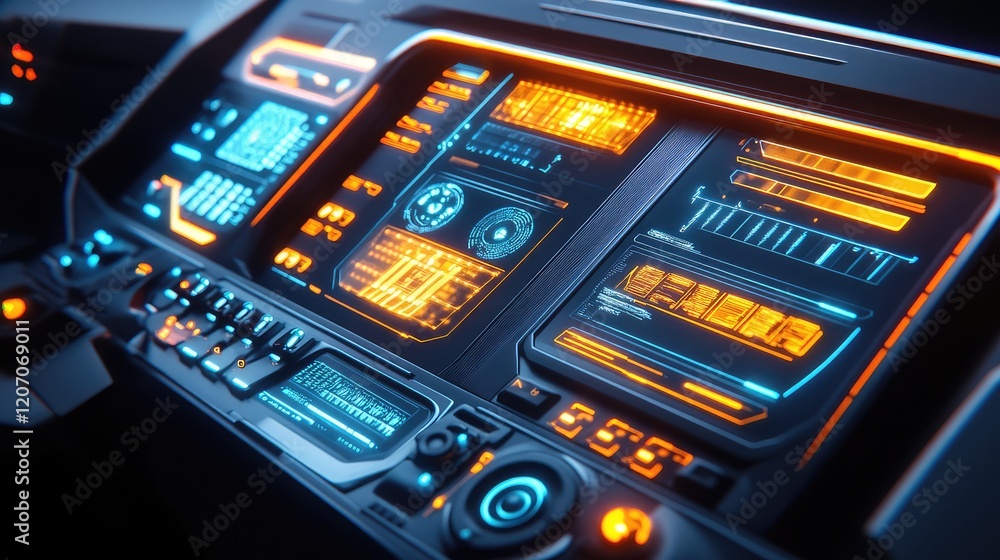 Poster glowing automation system dashboard with interconnected gears and control patterns in a futuristic d