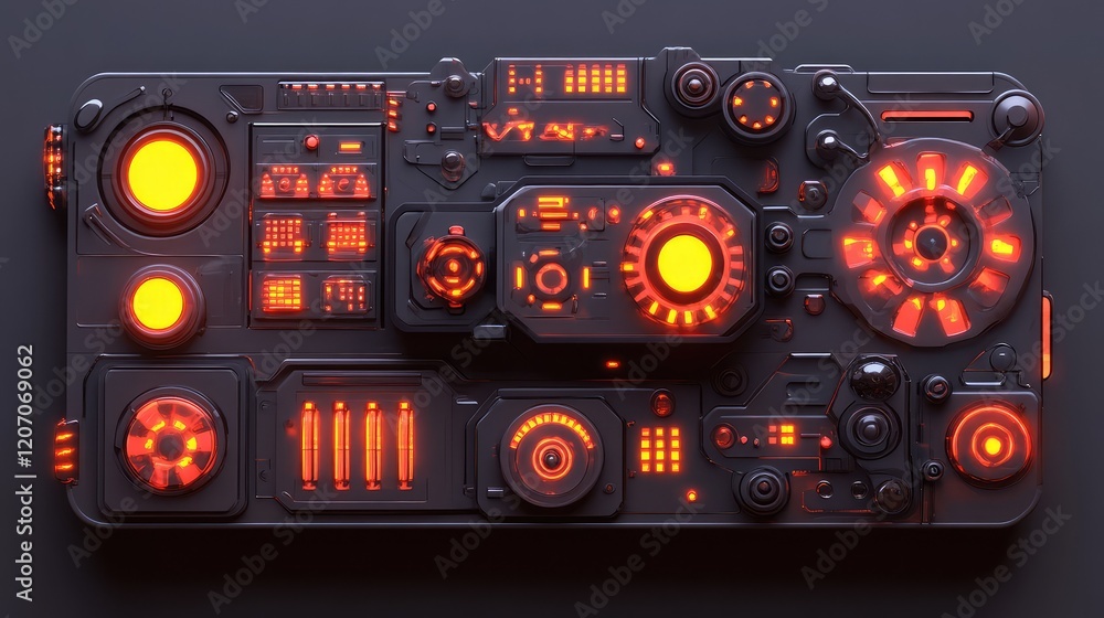 Poster glowing automation system dashboard with interconnected gears and control patterns in a futuristic d