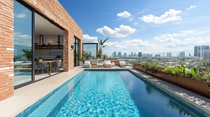 Fototapeta premium A chic luxury penthouse terrace featuring a sparkling swimming pool, overlooking the beautiful cityscape of Miami.