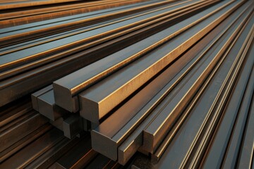 Obraz premium Metal bars being processed in industrial factory manufacturing site close-up perspective steel production