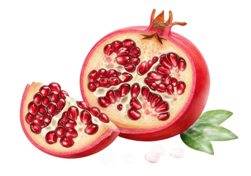 A whole pomegranate with a section cut open revealing red juicy seeds, accompanied by green leaves, isolated on white background
