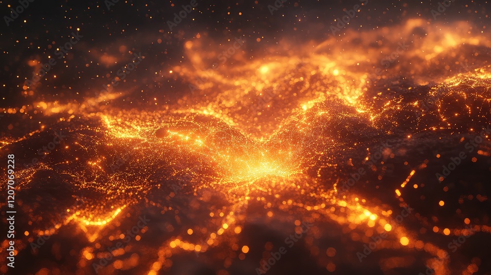 Poster glowing digital ai particles forming a neural network on a dark abstract background with light trail