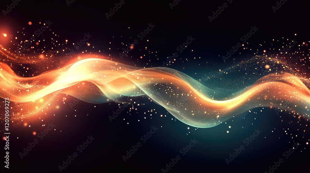Poster glowing digital ai particles forming a neural network on a dark abstract background with light trail