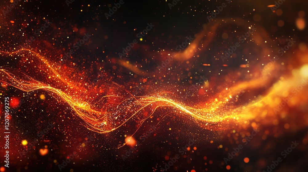 Poster glowing digital ai particles forming a neural network on a dark abstract background with light trail