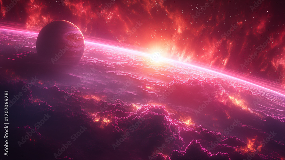 Canvas Prints cosmic landscape with rings around a planet and a glowing sun backdrop. generative ai