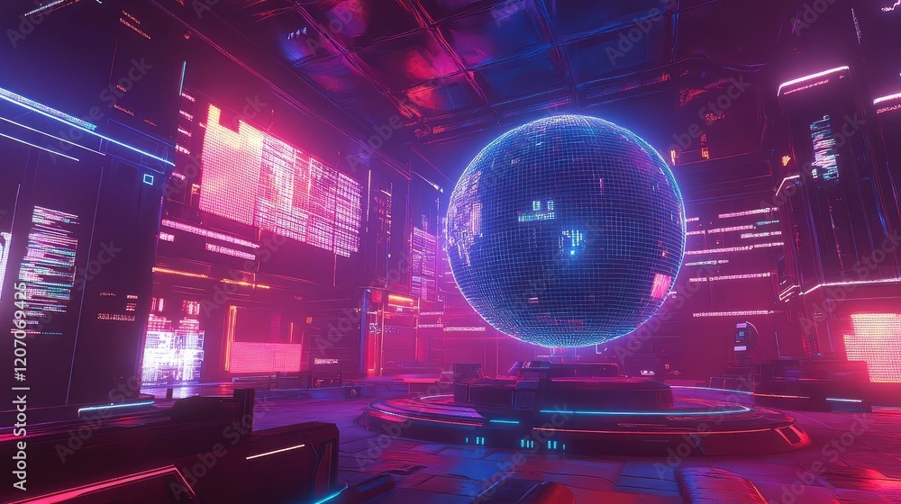 Poster glowing holographic sphere surrounded by futuristic data streams and dynamic grids in a high-tech en