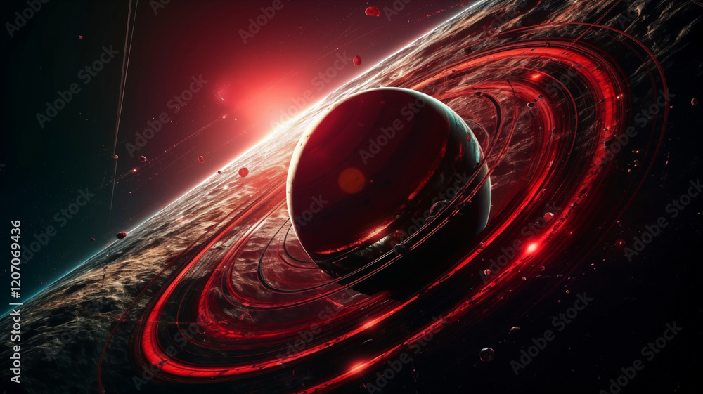 Canvas Prints cosmic landscape with rings around a planet and a glowing sun backdrop. generative ai