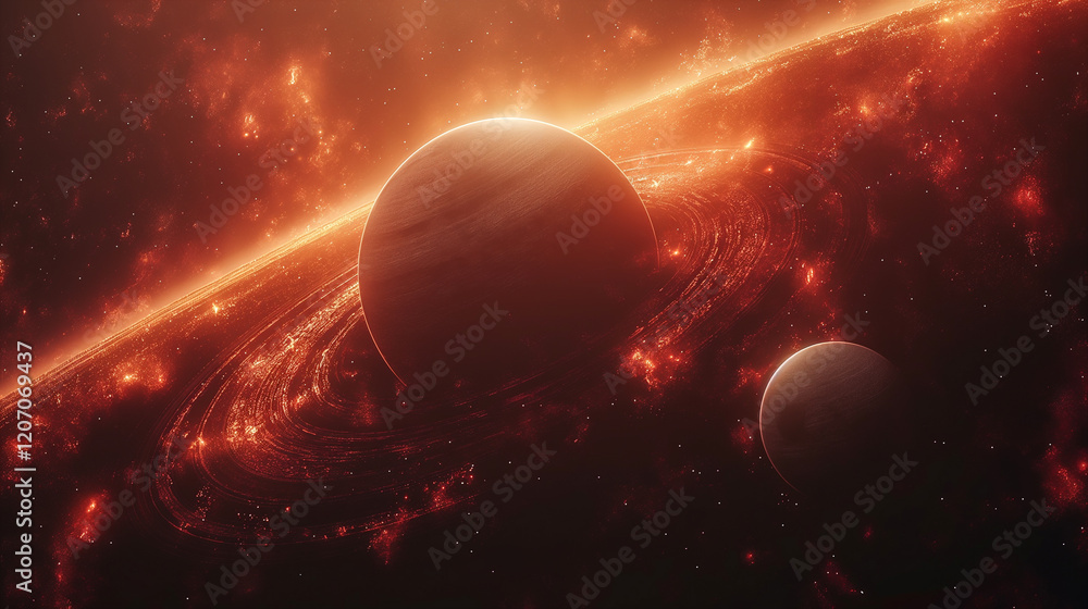 Canvas Prints cosmic landscape with rings around a planet and a glowing sun backdrop. generative ai
