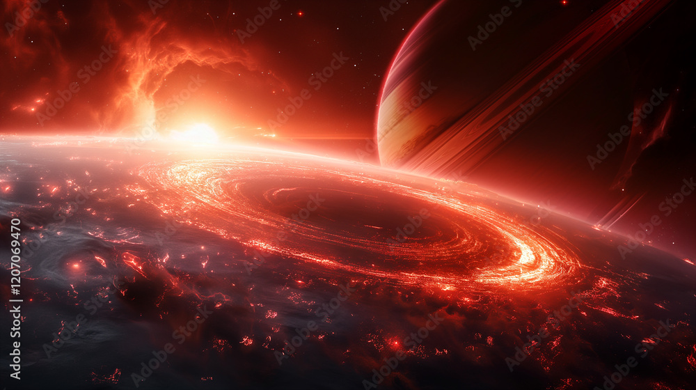 Canvas Prints cosmic landscape with rings around a planet and a glowing sun backdrop. generative ai