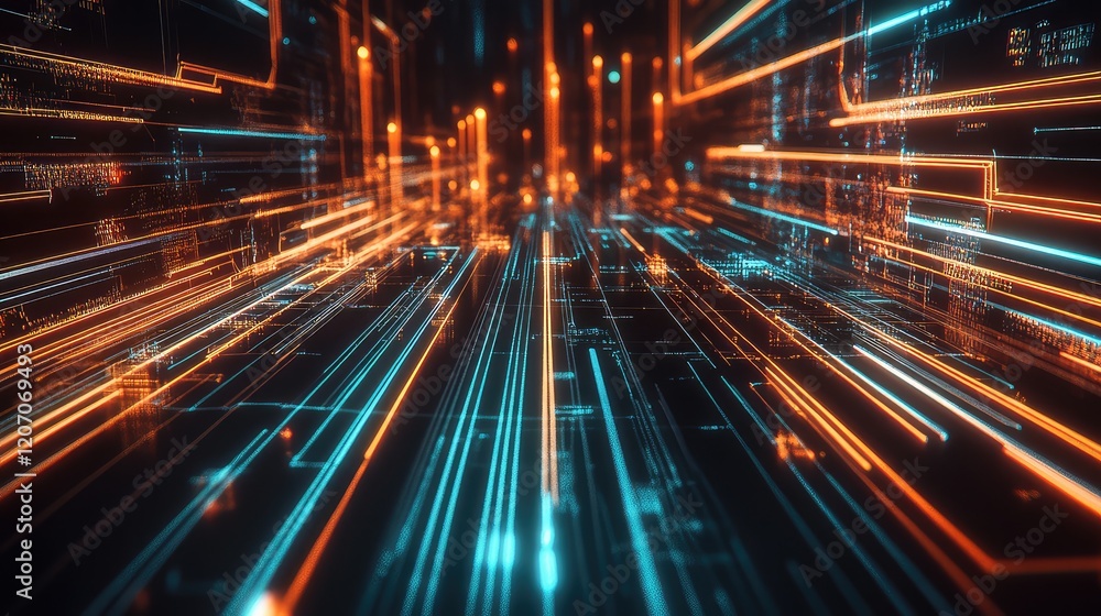 Poster glowing interconnected data nodes with holographic analytics patterns and light trails in a futurist