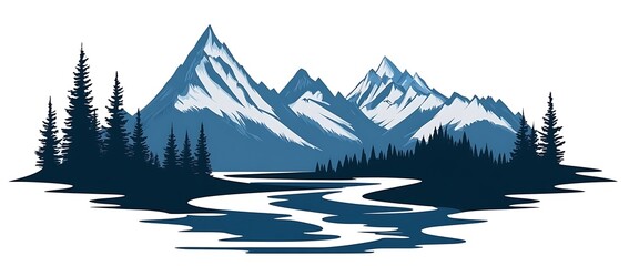 Mountain winding river landscape silhouettes nature scene