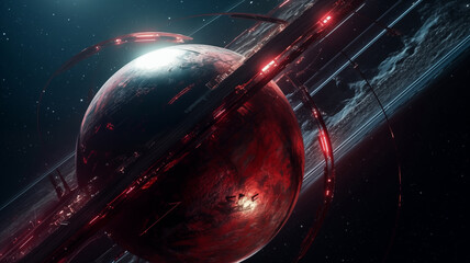 Cosmic landscape with rings around a planet and a glowing sun backdrop. Generative AI