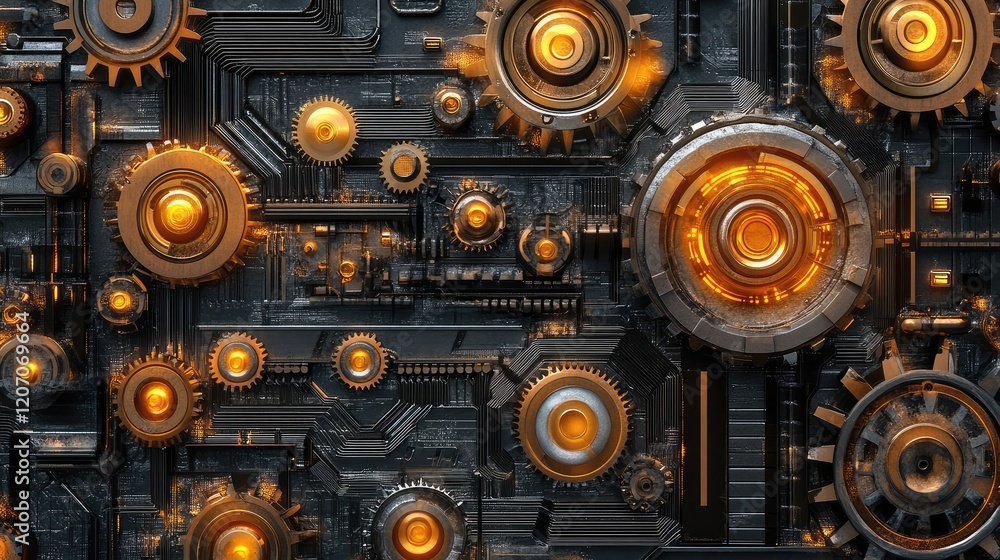 Poster glowing mechanical gears integrated into a digital network, representing advanced automation systems