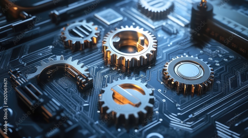 Poster glowing mechanical gears integrated into a digital network, representing advanced automation systems