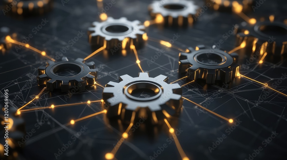 Poster glowing mechanical gears integrated into a digital network, representing advanced automation systems