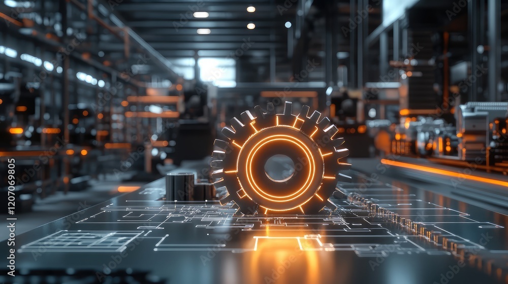 Aufkleber glowing mechanical gear network surrounded by automation system diagrams and control panel icons