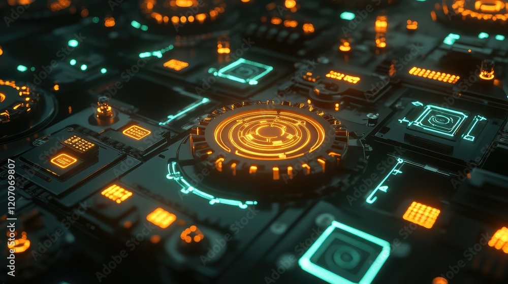 Poster glowing mechanical gear network surrounded by automation system diagrams and control panel icons