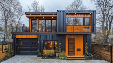 Home built from stacked shipping containers, showcasing modern design elements like clean lines and open spaces