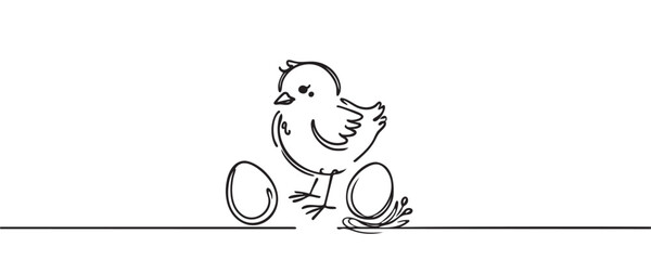 Easter chick and egg, one line drawing. vector illustration