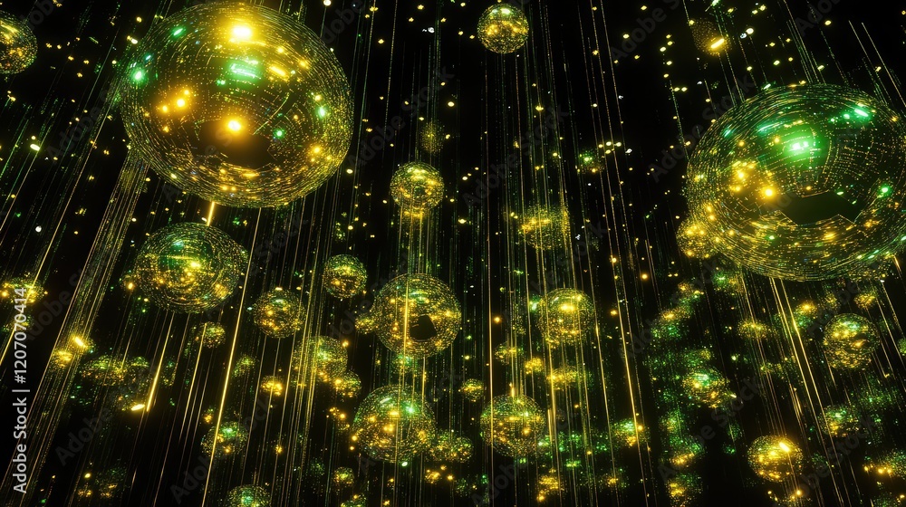 Poster high-tech visualization of glowing spheres, dynamic digital patterns, and futuristic holographic ele