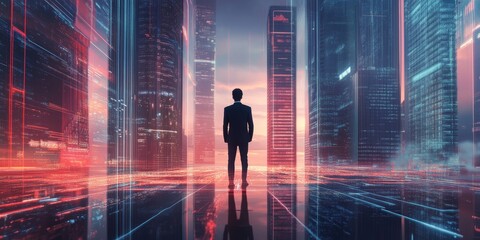 Obraz premium Futuristic Businessman in Urban Skyline with Digital Elements
