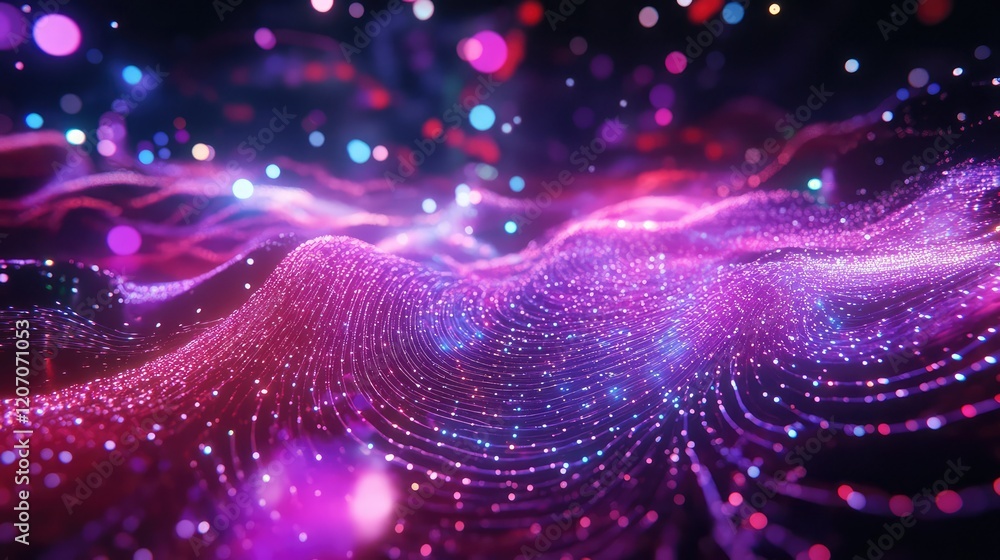 Poster holographic analytics graphs glowing in a futuristic space, surrounded by dynamic binary streams and