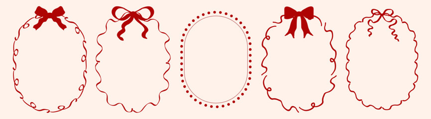 Vintage frames with bows, wavy lines, ribbons. Trendy hand drawn linear vector for wedding invitations, prints, birthday card  © Millaly