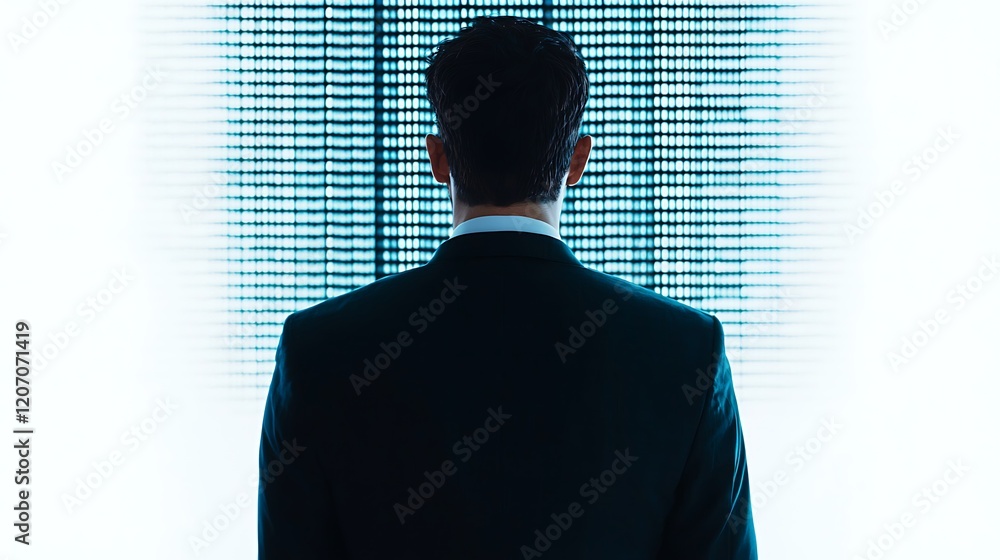 Poster a silhouette of a man in a suit stands facing a digital display, creating a mysterious and futuristi