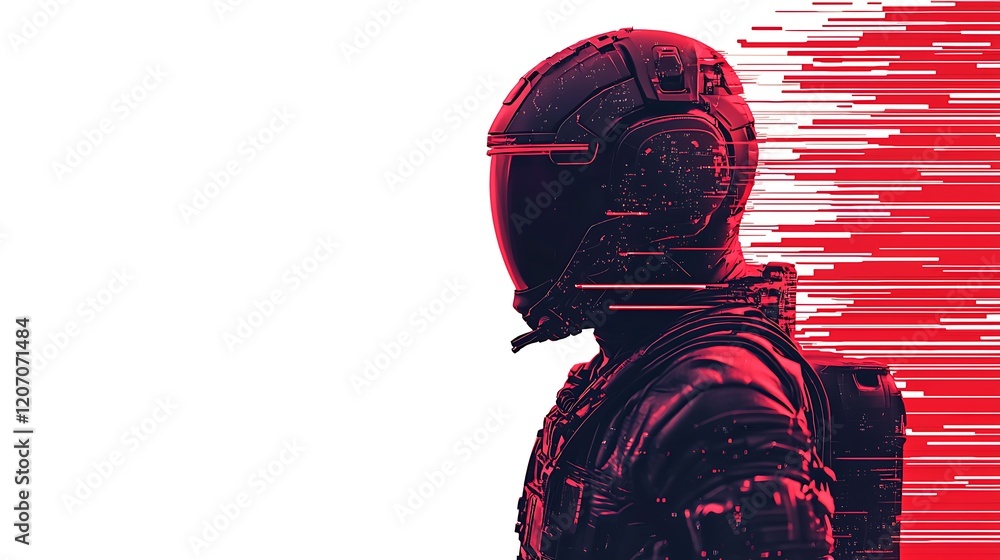 Poster a futuristic helmeted figure in a sleek suit, surrounded by dynamic red lines, embodies a sense of s