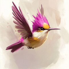 Illustration of the Hummingbird in flight, soft watercolor tones, white background, detailed illustration, cartoonish.