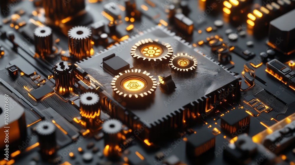 Poster holographic automation system interface with glowing gears and control diagrams surrounded by data p