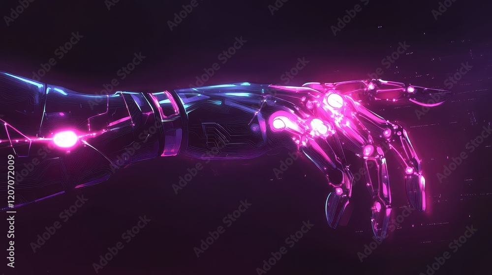 Aufkleber intelligent robotic arm glowing with energy circuits, set against a dark background with soft gradie