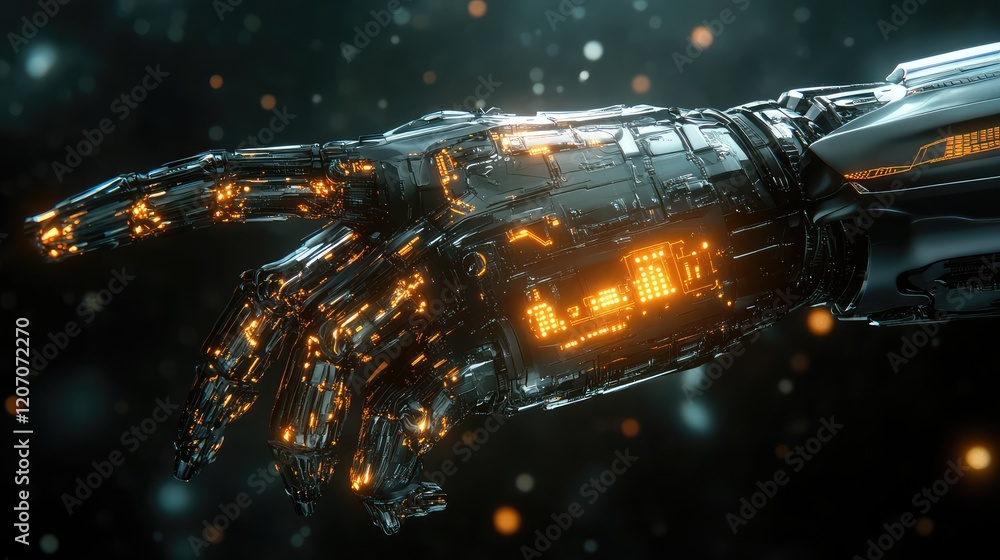 Poster intelligent robotic arm glowing with energy circuits, set against a dark background with soft gradie
