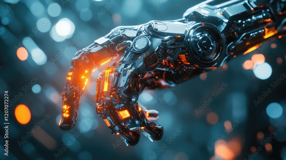 Poster intelligent robotic arm glowing with energy patterns, set in a dark environment with futuristic grad