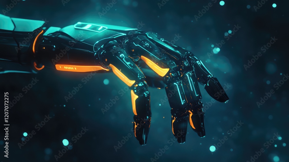 Poster intelligent robotic arm glowing with energy patterns, set in a dark environment with futuristic grad