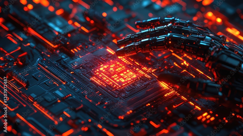 Poster intelligent robot hand interacting with a glowing digital hologram, surrounded by futuristic light p