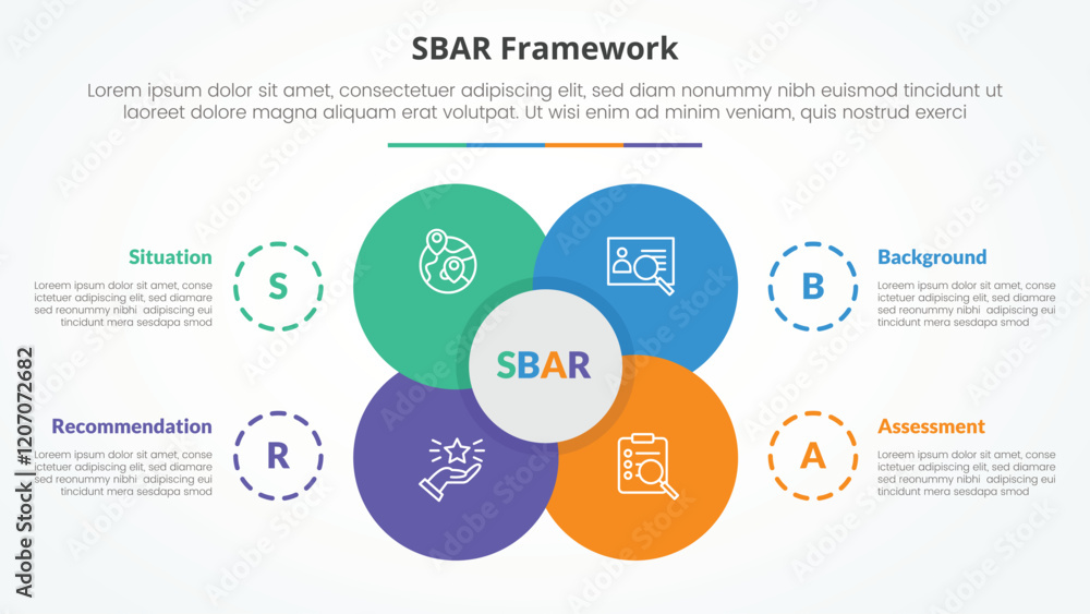 Poster sbar tool framework infographic concept for slide presentation with big flower center circle venn co