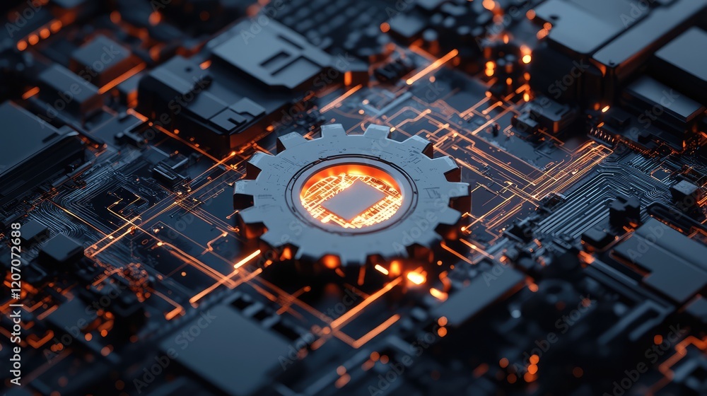 Poster interconnected glowing gears and automation symbols surrounded by dynamic workflows in a digital env