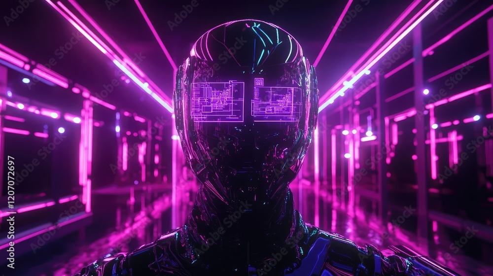 Poster intelligent robot head with glowing circuits and sleek metallic details, set in a minimalistic futur