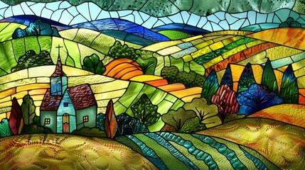 Colorful stained glass window with a view of the village in the mountains