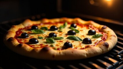 pizza with olives in the oven