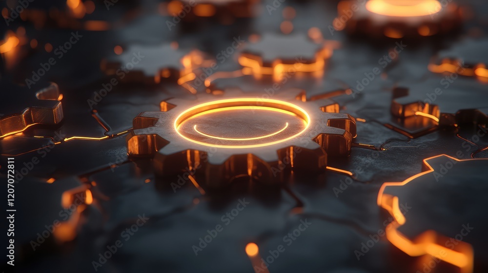 Poster interconnected glowing gears and automation symbols surrounded by dynamic workflows in a digital env
