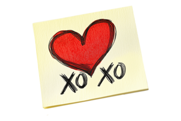 Hand drawn red heart sketch with XO XO text below placed on a yellow textured paper isolated on white transparent background. Concept of love and affection
