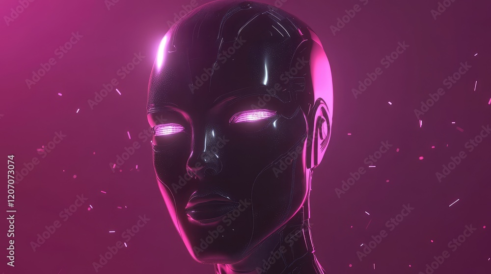 Poster minimalist intelligent robot face glowing with digital patterns, surrounded by abstract futuristic g