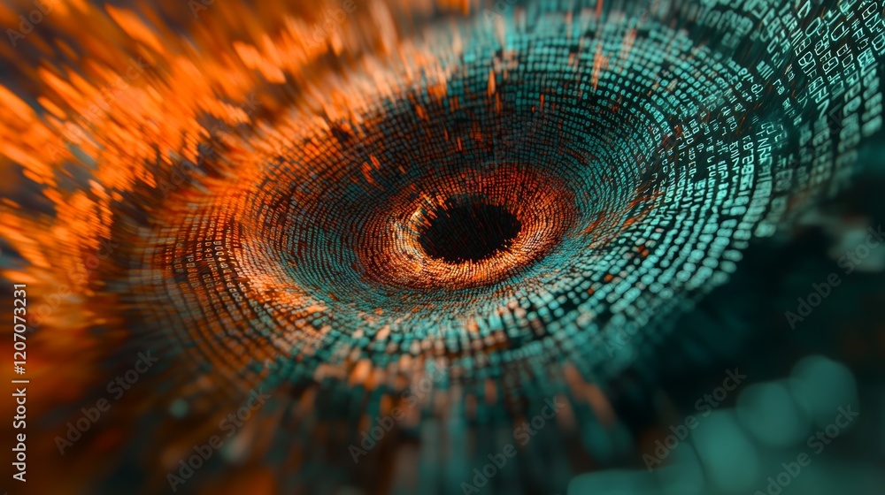 Poster abstract digital swirl with orange and teal binary code elements