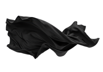 Piece of black fabric mid-air with a flowing shape isolated on white background
